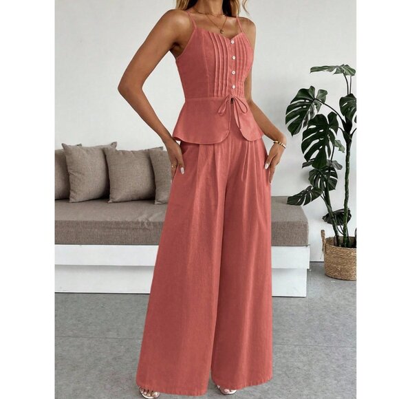 MDM Lux Pants - Rust Linen Wide-Leg Two-Piece Set | Button Camisole Top & Flow Pants